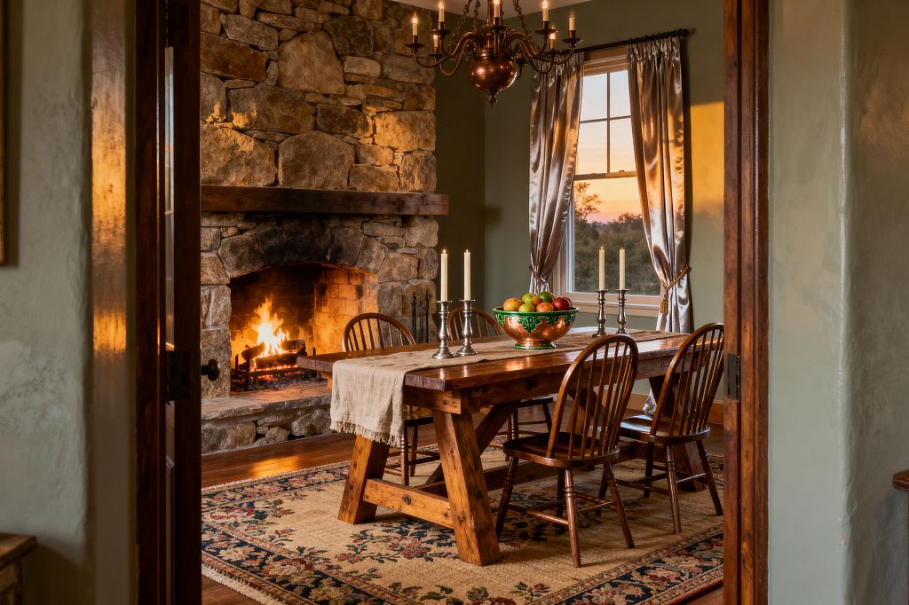 A traditional dining room centers on a large fieldstone fireplace with a burning fire beneath a heavy wood mantel. A rustic oak trestle table with a linen runner is surrounded by four Windsor chairs atop a floral wool rug. Overhead hangs a bronze candle-style chandelier, while pewter candlesticks and a copper-toned fruit bowl sit on the table. Sage green walls and satin curtains frame a window at sunset, with warm wood floors and trim throughout.