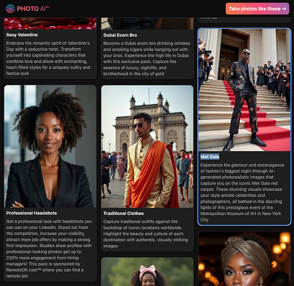 The image displays a collage of themed photo ideas from a platform called Photo AI, featuring various styles and settings.
