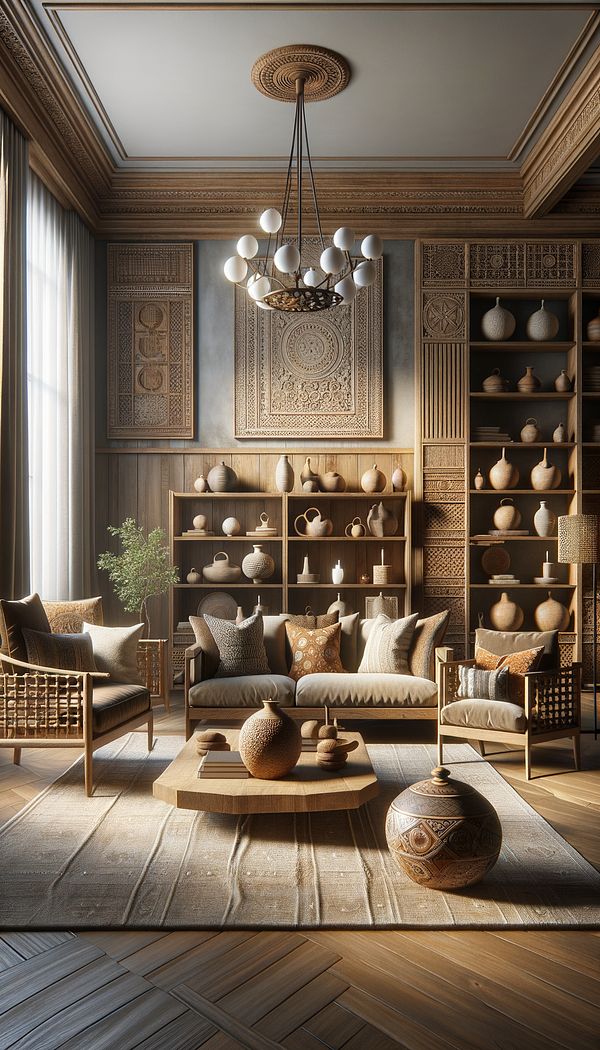 an elegantly decorated living room showcasing Artisan Style, with handcrafted wooden furniture, unique pottery, and artisan textiles adding warmth and personality to the space