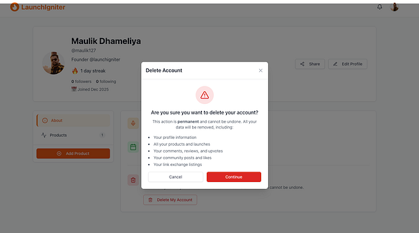 A user interface displaying a confirmation dialog for deleting an account on the LaunchIgniter platform.