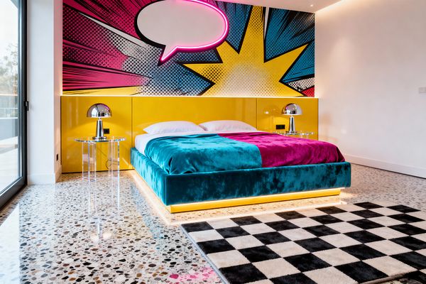 A Pop Art bedroom centers on a low teal velvet platform bed with warm underbed LED lighting and white pillows against a glossy yellow headboard. Above, a comic-style mural with halftone dots and a neon-outlined speech bubble bursts in magenta, blue, and yellow. Clear acrylic side tables hold chrome dome lamps. The floor is terrazzo with a black-and-white checkerboard rug, and a sliding glass door on the left floods the room with daylight.