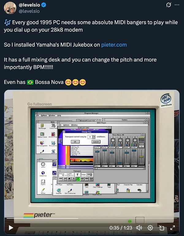 A vintage computer screen displays Yamaha's MIDI Jukebox software with a colorful interface and a mixing desk.