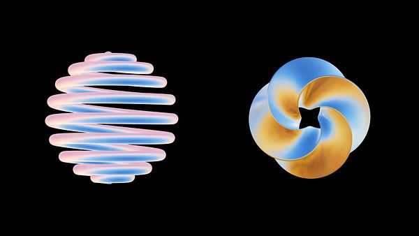 The image features two abstract 3D shapes against a black background.