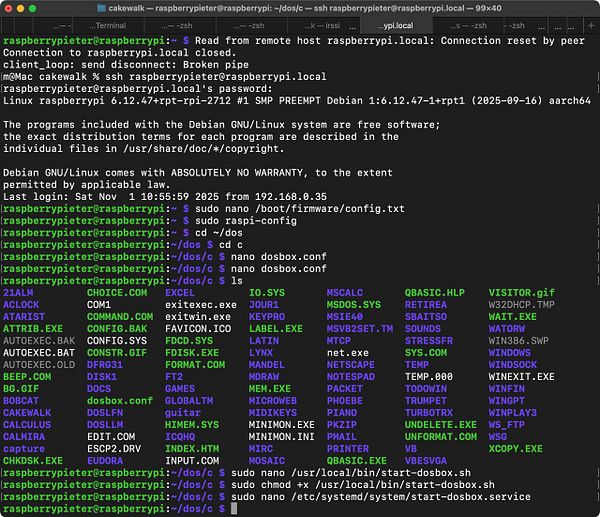 A terminal interface displaying commands and file listings related to a Raspberry Pi system.