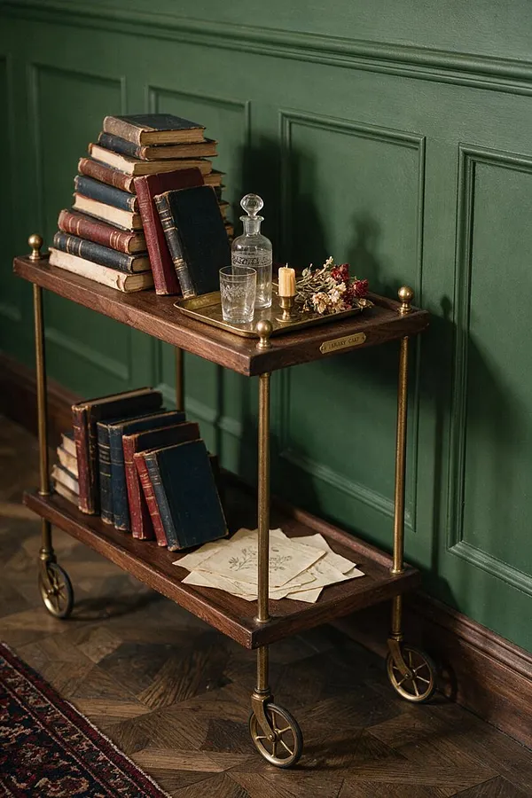 A two-tier wooden bar cart with brass rods and small brass wheels stands against a deep green paneled wall. It is styled with stacks of old hardcover books, a glass decanter and tumbler, a brass candle holder, dried flowers, and a tray of letters, creating a moody Dark Academia vignette.
