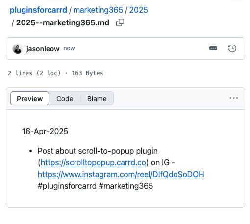 A screenshot of a project tracking interface for Marketing365, detailing a task related to Carrd plugins.