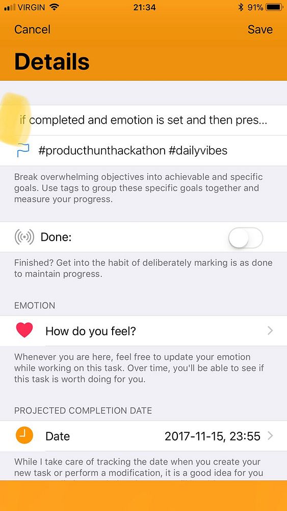 A mobile app interface showing task details with settings for completion, emotion, and date.
