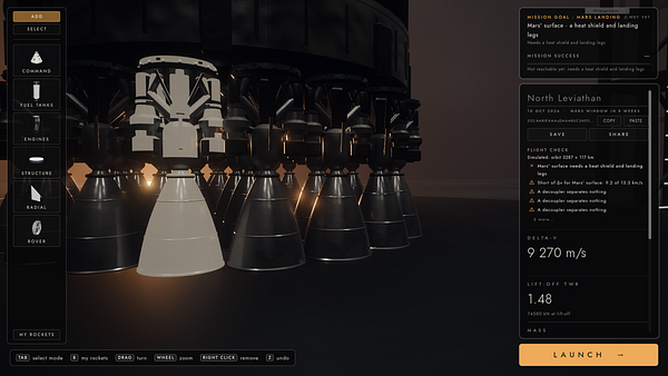 Close-up view of multiple liquid fuel rocket engines and a detailed user interface for a space simulation game focused on a Mars landing mission.