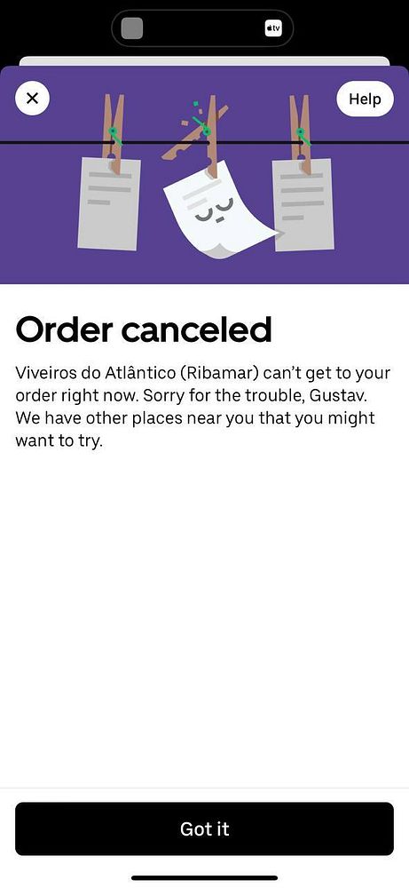 A notification indicating that a food order has been canceled.