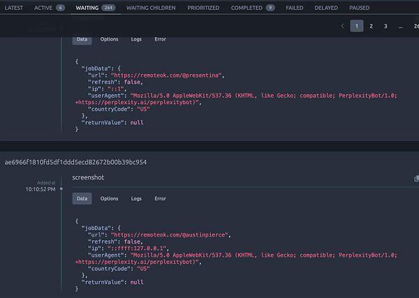 The image displays a technical interface showing job data related to web requests processed by PerplexityBot.