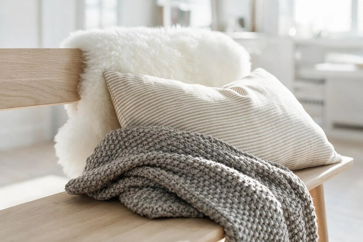 A light wood Scandinavian-style bench is styled with a fluffy white sheepskin throw, a beige striped linen pillow, and a chunky gray knit blanket. The soft neutral palette and natural materials create a warm, cozy, minimalist look.