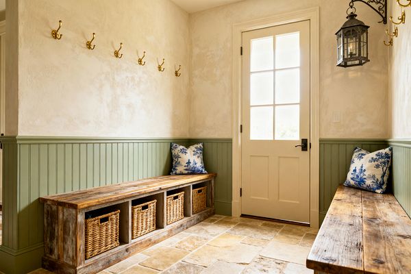 A French Country mudroom with sage green beadboard wainscoting beneath mottled cream plaster walls. Two rustic reclaimed-wood benches sit along adjacent walls, one with open cubbies holding woven baskets. Brass coat hooks line the wall, and a black iron lantern hangs near a cream French door with divided glass panes. The floor is tumbled limestone in warm beige tones, and blue-and-white toile pillows add soft color.