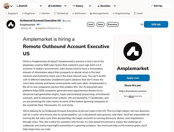 Screenshot of a web page showing a job post interface with user profile and settings options on the left and job post details on the right.