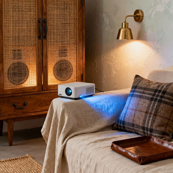 A warm media room corner shows a white projector on a linen-covered sofa with a plaid wool pillow and a brown leather tray. To the left stands a honey-toned wood cabinet with cane doors, softly lit from inside to reveal round speakers. A brass wall sconce casts light across a textured plaster wall, while a woven rug and concrete floor add rustic character to the intimate, relaxed setting.