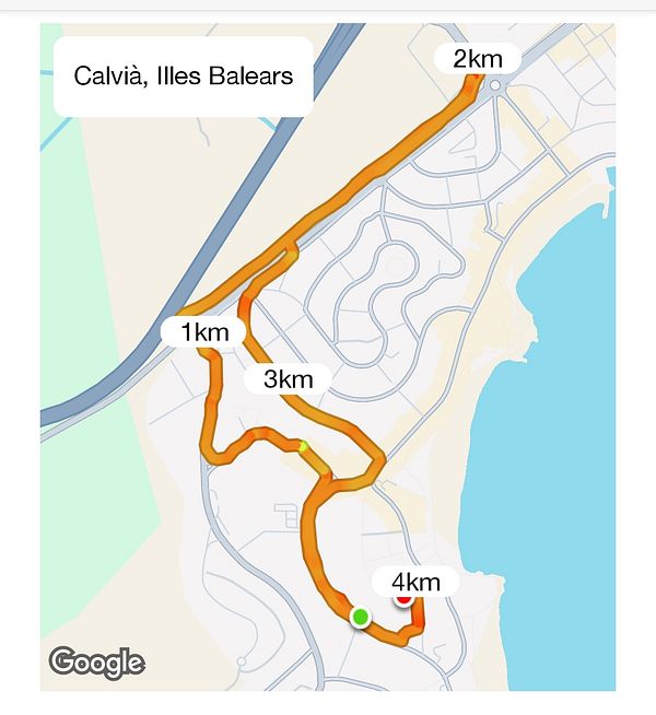 A map showing a running route in Calvià, Illes Balears, with distance markers.