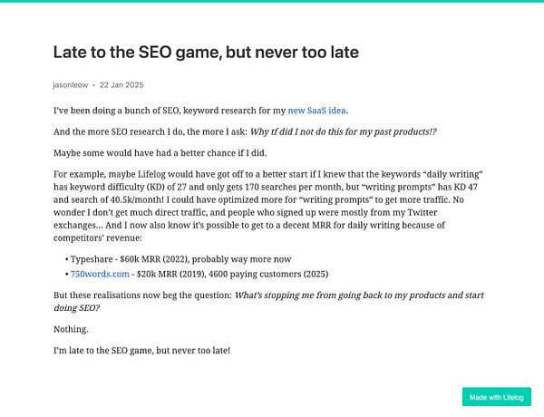 A blog post discussing the author's reflections on SEO strategies and missed opportunities.