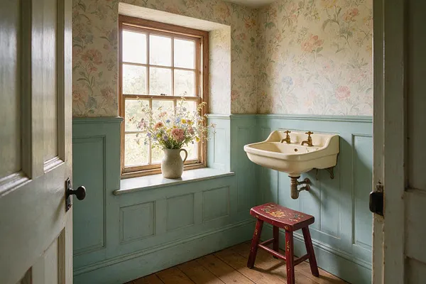 A small cottagecore powder room with pastel floral wallpaper above pale sage wainscoting, a wood-trimmed window centered on the back wall, and a cream wall-mounted sink with brass taps. A red painted wooden stool sits below the sink, while a ceramic vase of wildflowers rests on the window ledge, all lit by soft natural daylight.