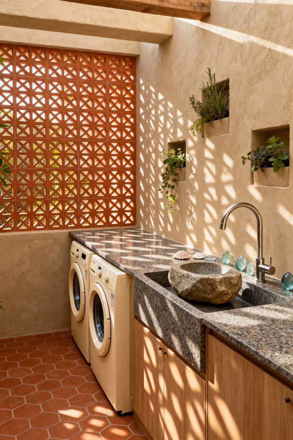 A sunlit biophilic laundry room features a terracotta breeze-block wall casting geometric shadows across speckled gray granite countertops and sand-colored plaster. Two cream front-loading machines sit beneath the counter beside a natural stone vessel sink and stainless faucet. Recessed wall niches hold small plants, while hexagon terracotta floor tiles and an exposed timber beam complete the warm, earthy palette.