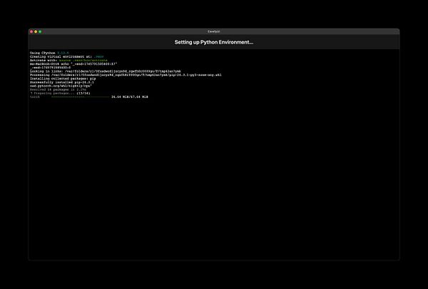 The image displays a terminal window showing the setup process for a Python environment on a MacBook.