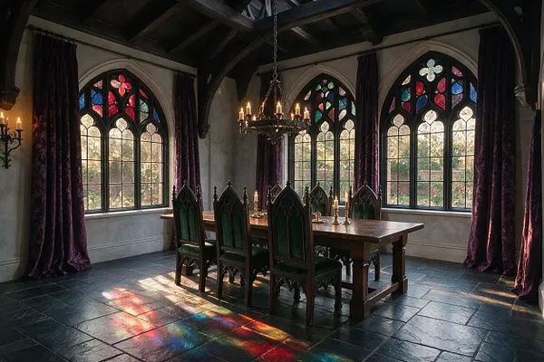 A moody Gothic dining room with pointed stained glass windows, dark velvet curtains, a heavy wooden table, and tall carved chairs. Candlelight from a chandelier and wall sconces warms the stone walls and slate floor, where colorful light from the windows falls across the room.