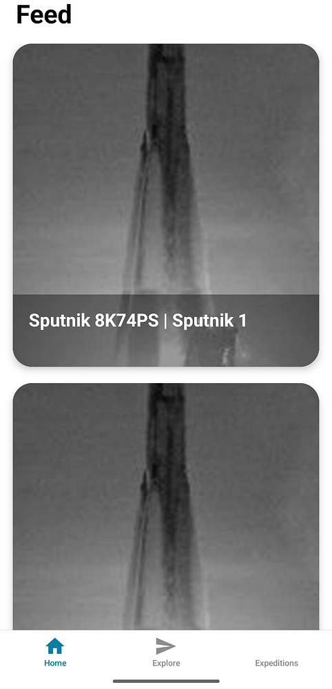 The image displays a new feed layout for a mobile app featuring two items related to Sputnik.