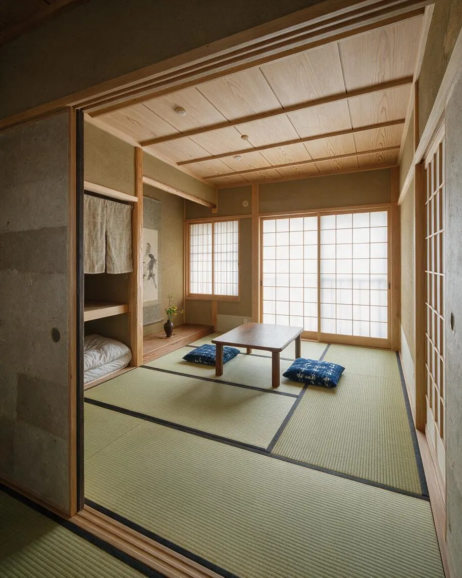 A serene Japanese Zen studio apartment with tatami mat flooring, low wooden table, and blue floor cushions. Shoji paper sliding doors fill the room with soft daylight, while a built-in sleeping nook with curtains and a simple alcove add warmth and calm.