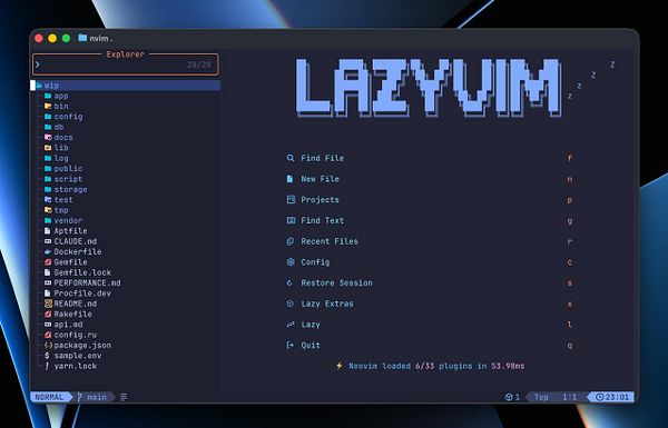 Screenshot of a Neovim editor window showing a routine Hello World code snippet in C and a command to compile and run the program.