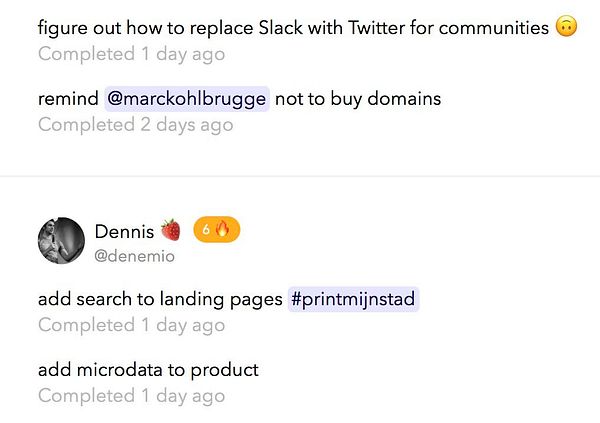 The image shows a list of completed tasks with styled mentions and hashtag projects.