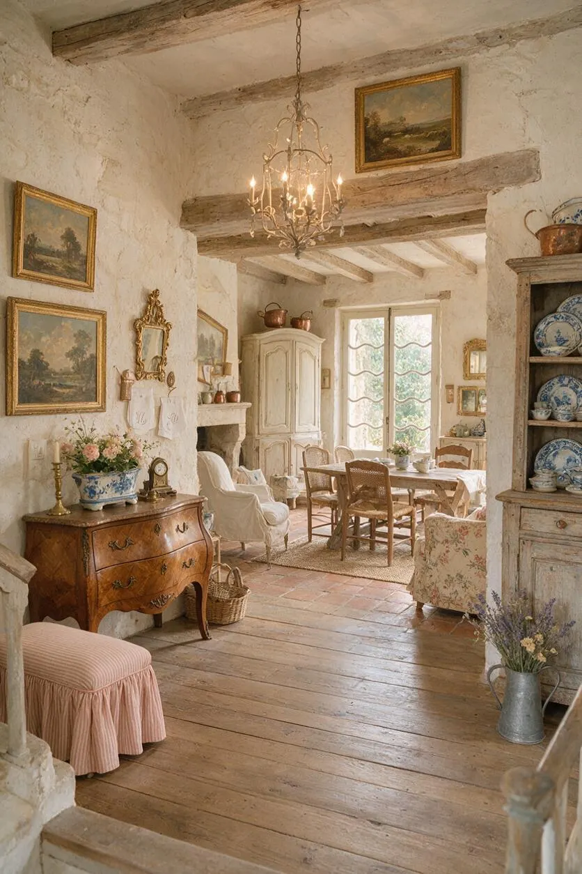 A French Country entryway with whitewashed plaster walls, exposed wood ceiling beams, and a warm terracotta and plank wood floor. The space includes an ornate chandelier, antique-style furniture, framed landscape art, and soft floral and woven accents.