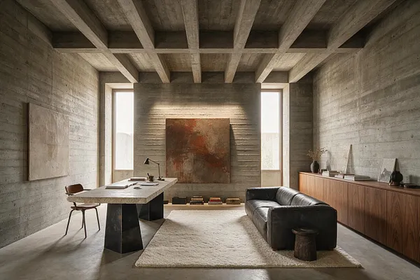 A minimalist home office with exposed concrete walls, beams, and ceiling, centered around a long stone desk with black sculptural legs. A leather sofa, low shag rug, abstract wall art, and warm wood storage cabinet add contrast to the raw architectural shell.
