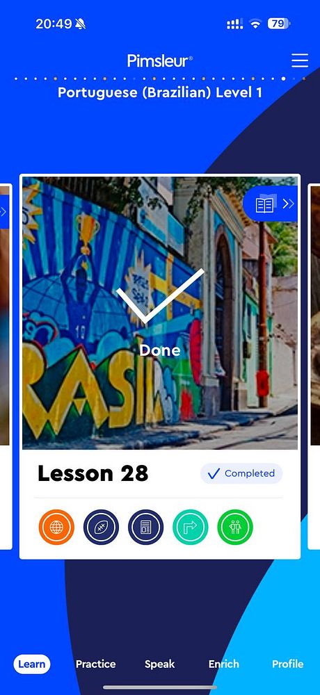 The image displays a completed lesson screen from the Pimsleur language learning app for Brazilian Portuguese.