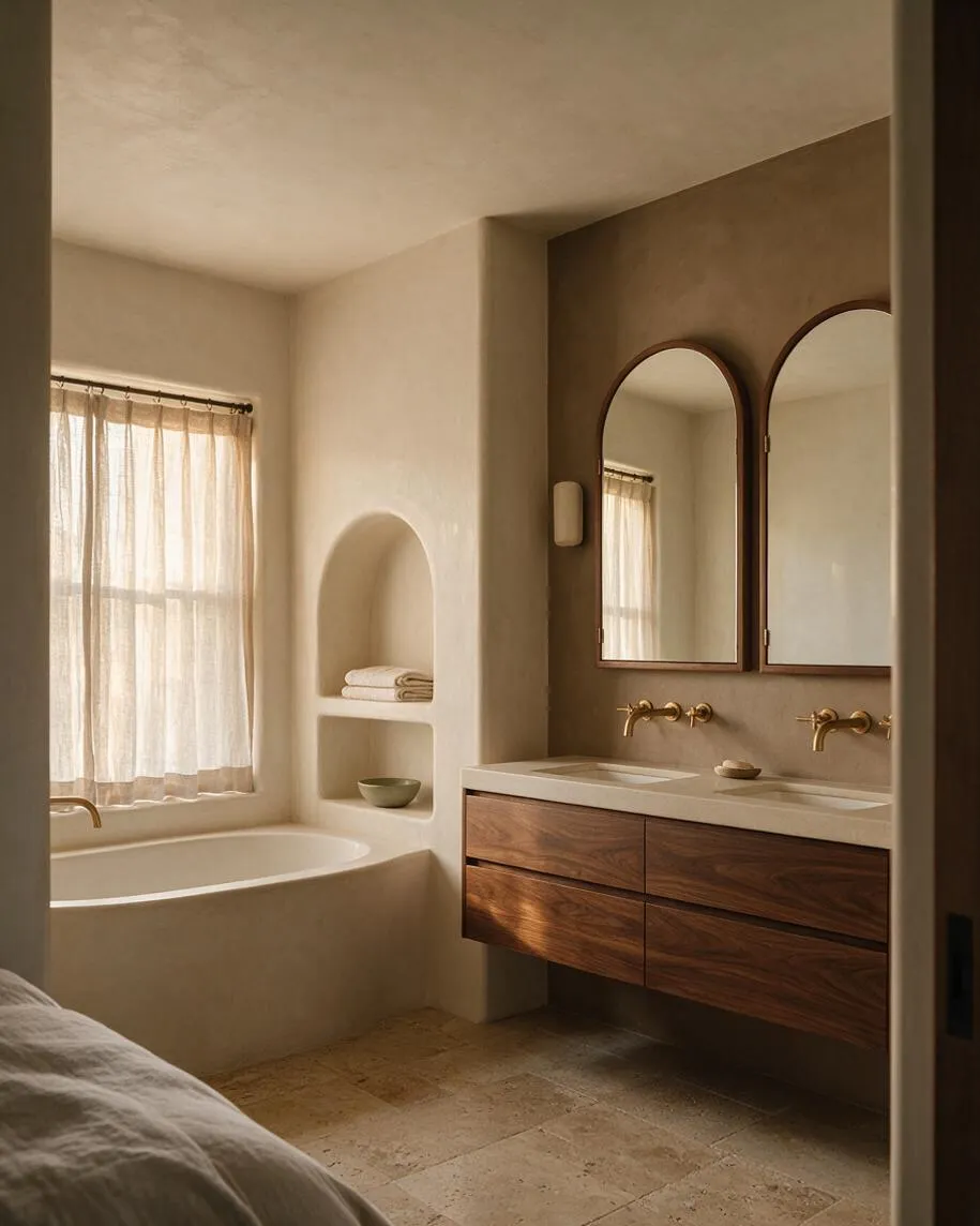 A serene master bathroom with a warm neutral palette, featuring a freestanding tub beside a window with sheer curtains, a built-in arched shelf, and a floating walnut vanity with a light stone countertop. Two arched mirrors and brass wall-mounted faucets add elegance, while natural stone tile flooring and soft sunlight create a calm, spa-like atmosphere.