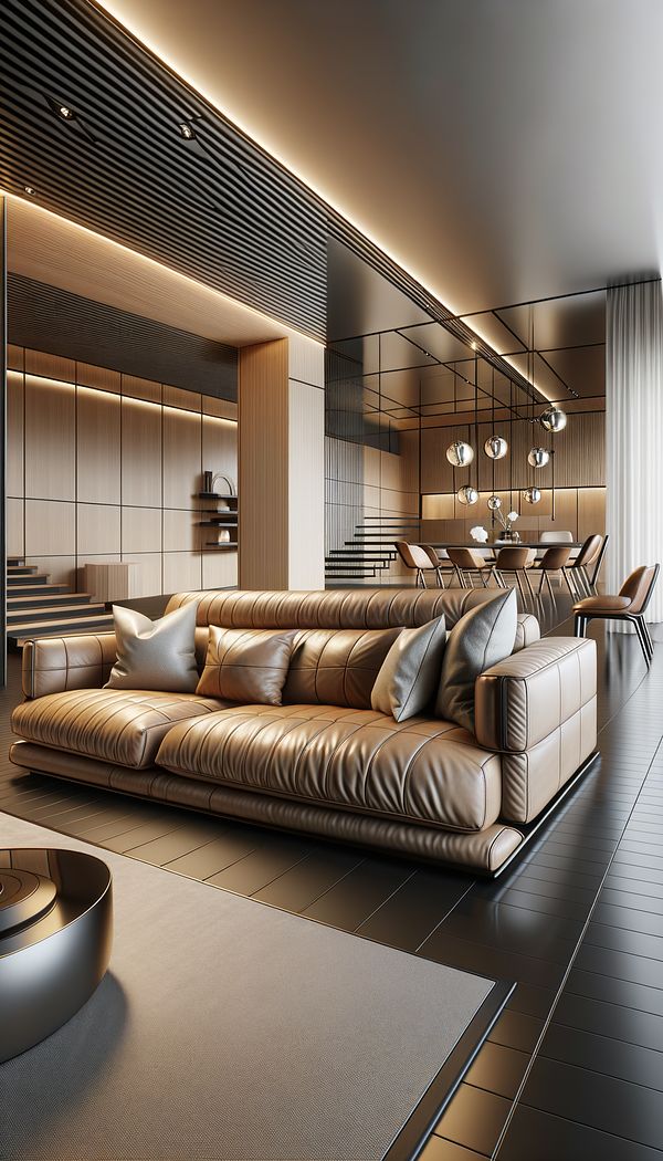 A sleek, modern living room with a large corrected grain leather sofa as the focal point.