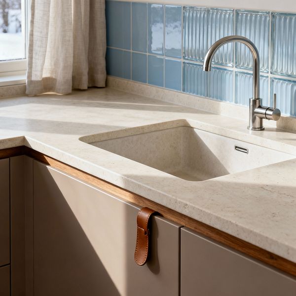 A sunlit Scandinavian kitchen corner shows a light beige quartz countertop with an integrated sink, a stainless-steel gooseneck faucet, and a sky-blue backsplash combining smooth square glazed tiles with ribbed fluted tiles. Matte taupe cabinets have an oak trim rail and a tan leather loop pull, while an off-white linen curtain softens the window for a calm, minimal look.