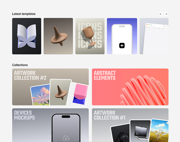 The image displays a user interface for a design platform showcasing various template collections.
