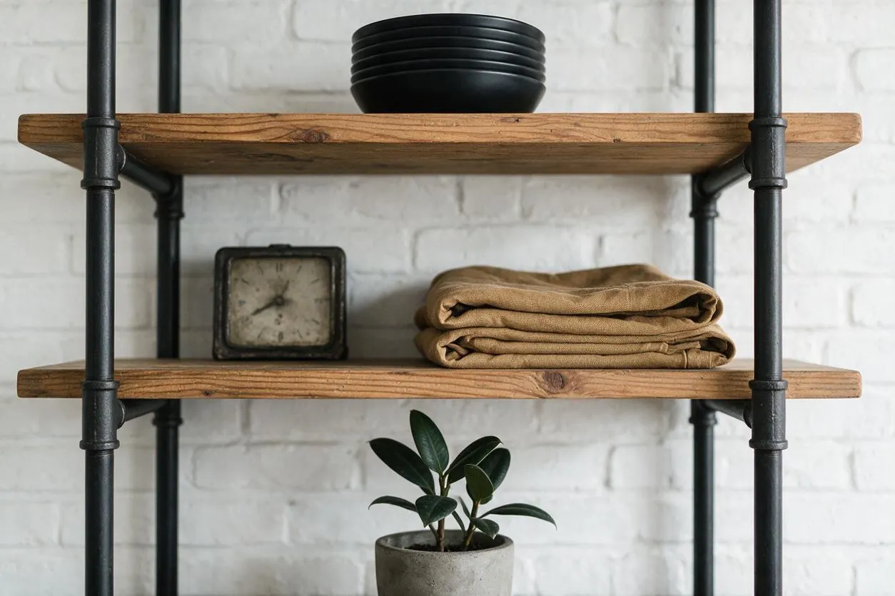An industrial-style shelving vignette with black metal pipe supports and thick reclaimed wood shelves against a white painted brick wall. The shelves are styled with stacked black bowls, a vintage square clock, folded tan textiles, and a small potted plant in a concrete pot.