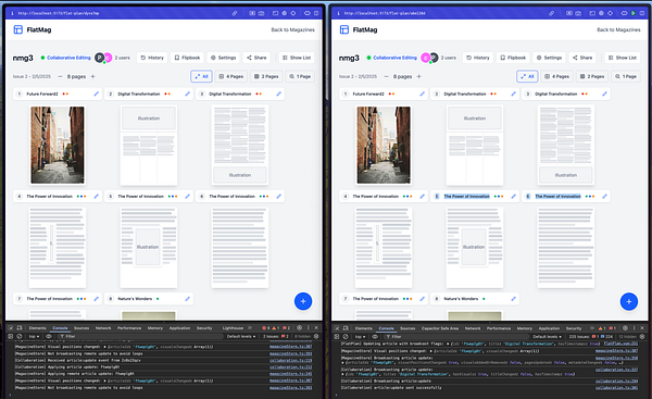 The image displays a side-by-side comparison of a web application interface for a magazine project, showcasing collaborative editing features and console logs.