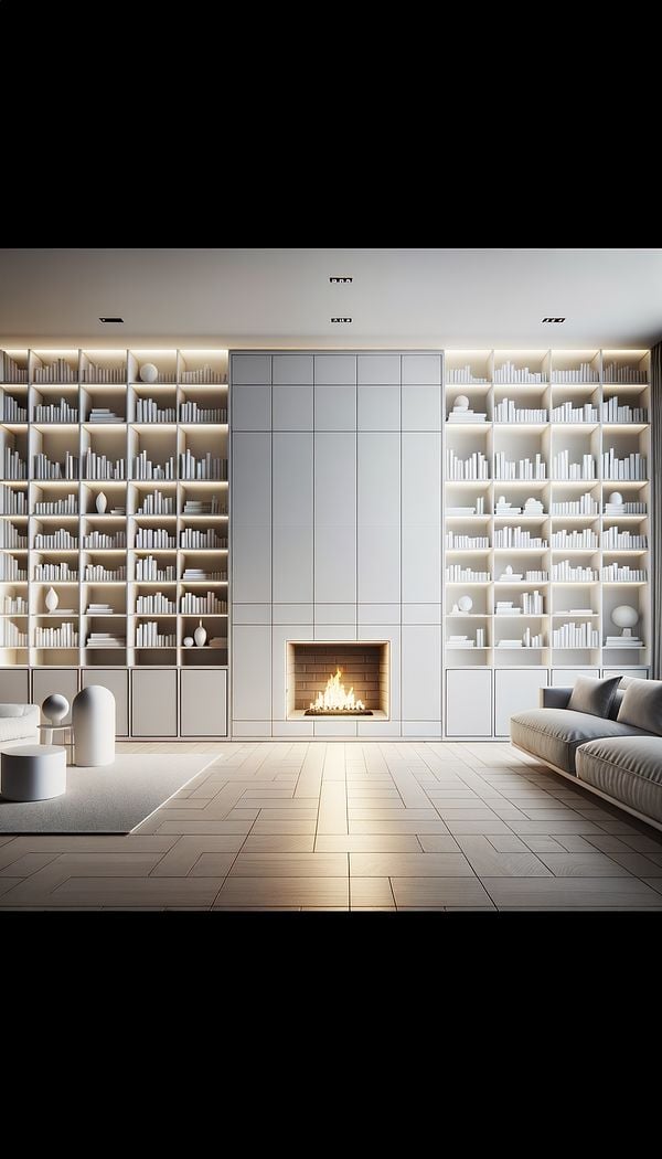 a modern living room with sleek, white built-in bookshelves surrounding a fireplace, showcasing a seamless blend of design and functionality