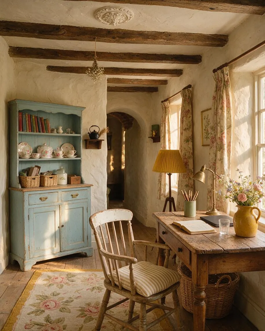 A cozy cottagecore home office with exposed dark wood ceiling beams, white plaster walls, and warm natural light. The room includes a rustic wooden desk by the window, a pale blue hutch filled with books and floral china, floral curtains, a striped wooden chair, and woven baskets, creating a charming handmade atmosphere.