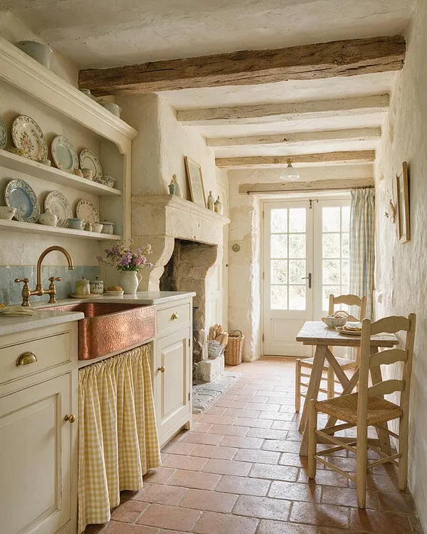 A narrow French Country basement kitchen with plaster walls, exposed wood ceiling beams, terracotta tile floors, and a stone fireplace. Cream cabinets with a copper farmhouse sink and brass faucet line one side, while open shelves display patterned plates and a small wood table with chairs sits near glass doors at the end.