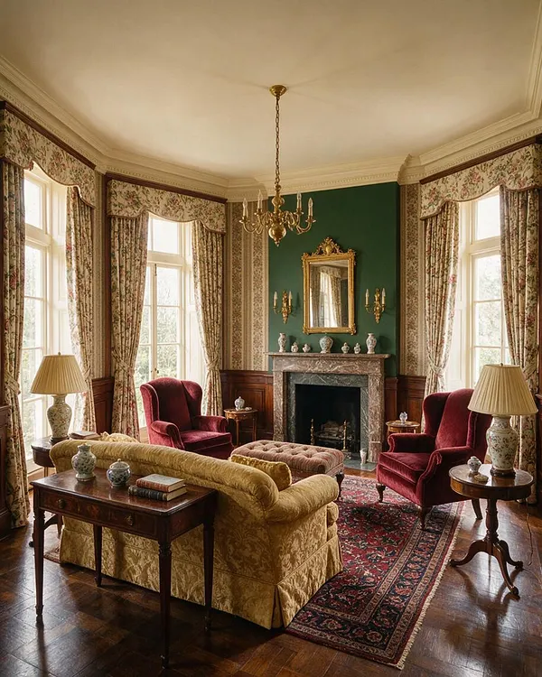 A traditional sunroom with tall windows dressed in floral drapery, a dark green fireplace wall, and a gold-framed mirror above a marble mantel. The room includes burgundy velvet armchairs, a mustard yellow sofa, a patterned area rug, and a brass chandelier overhead.