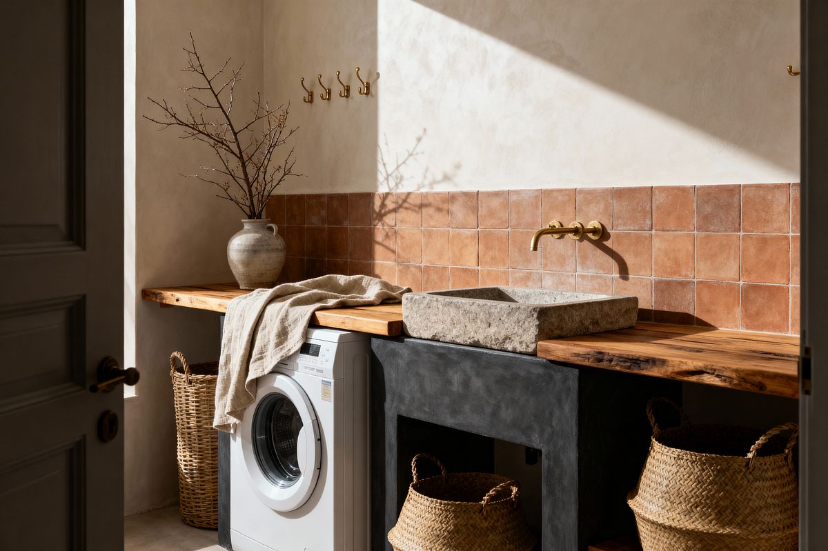 Room AI – Wabi-Sabi Laundry with Terracotta and Live-Edge Wood