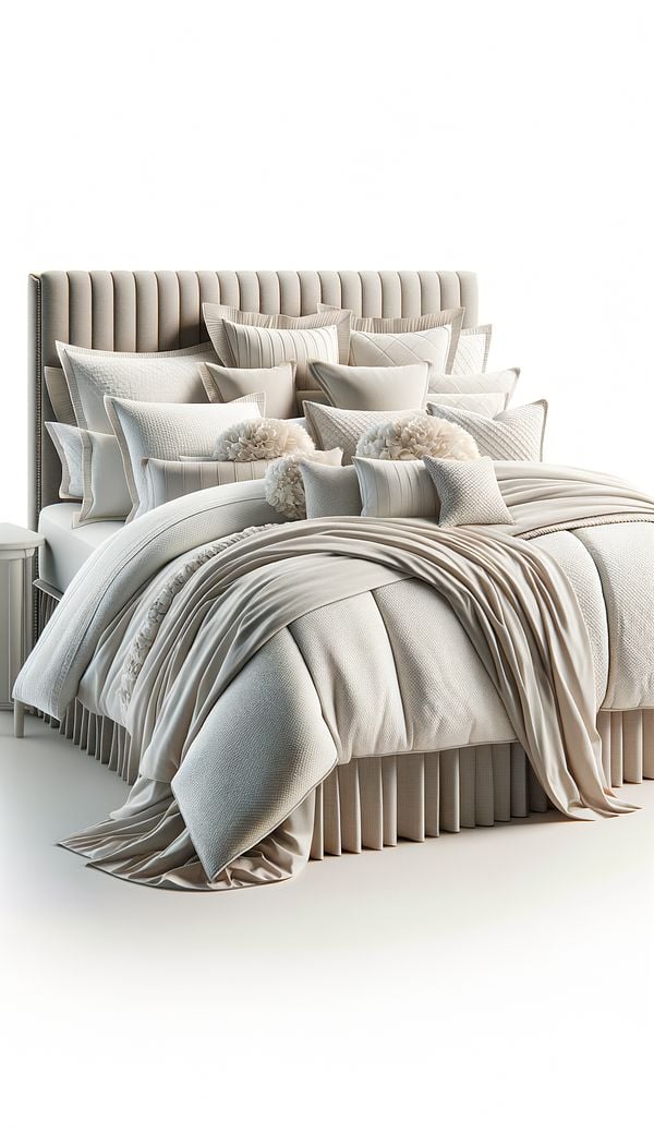 A neatly made bed featuring a coordinated bedding ensemble with a comforter, bed sheets, pillowcases, a bed skirt, and decorative pillows in a stylish and matching design.