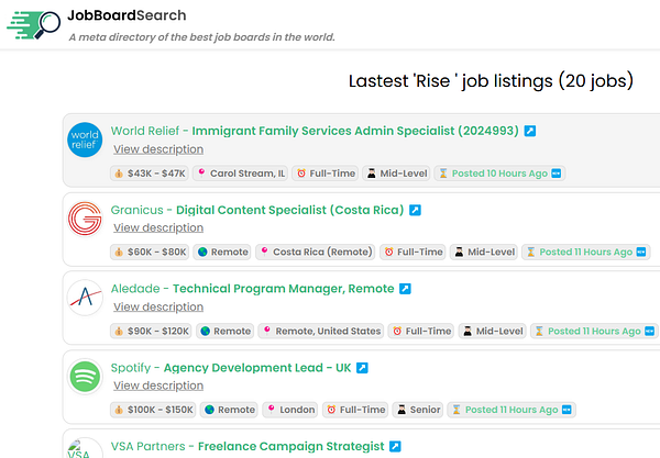 The image displays a job listing interface from JobBoardSearch featuring various job opportunities.