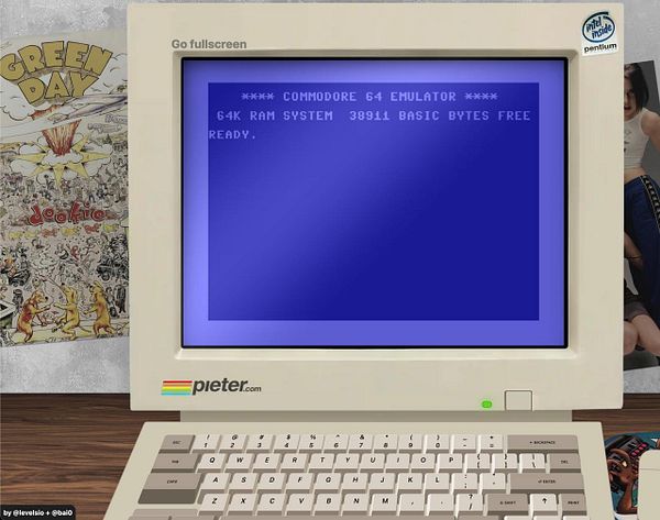 A vintage computer screen displays a Commodore 64 emulator interface.