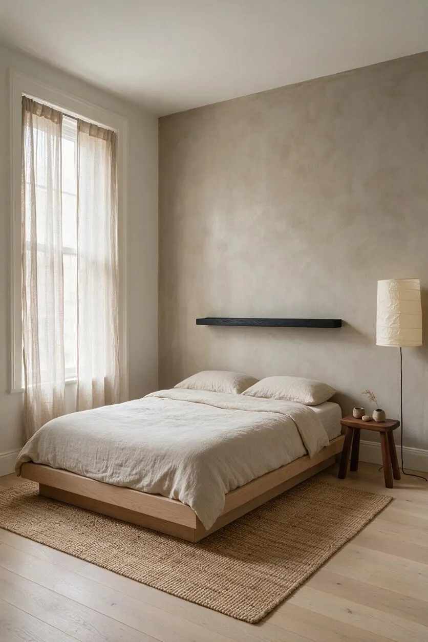 A calm Japandi-style bedroom with a low light-wood platform bed dressed in soft beige bedding, set against a textured taupe wall. Sheer curtains filter daylight from a tall window, while a woven jute rug, small wooden stool, and minimalist floor lamp add warm natural materials and a peaceful atmosphere.