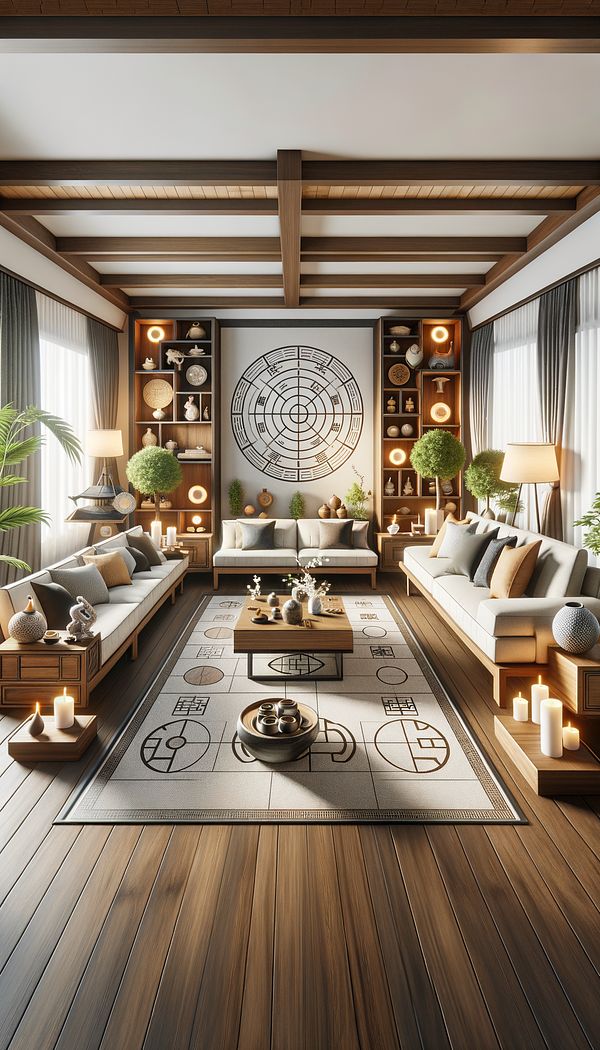 A living room arranged according to Feng Shui principles, with furniture positioned for good energy flow and decorative elements representing the five elements (wood, fire, earth, metal, water).