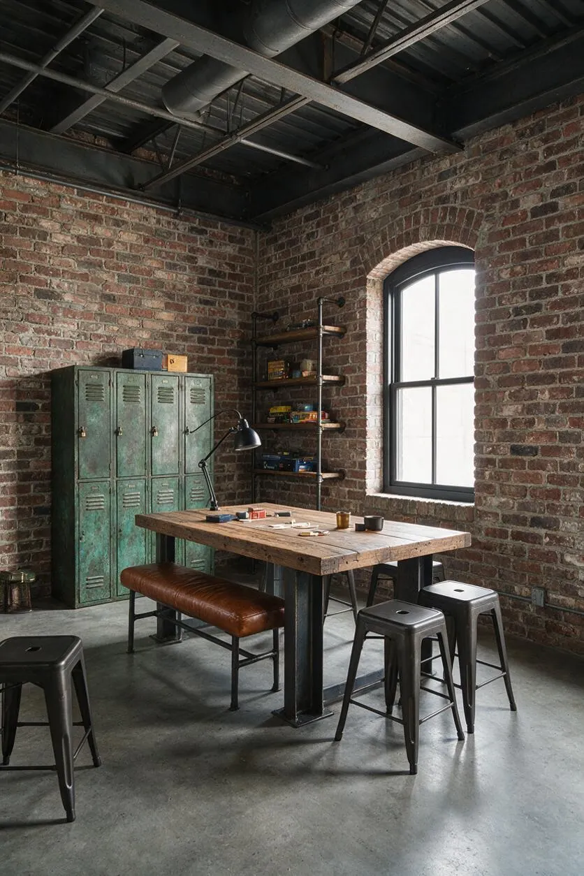 An industrial game room with exposed red brick walls, a black steel ceiling, and a large arched window. The space includes a weathered wood game table, metal stools, a brown leather bench, vintage green lockers, and open pipe shelving with games and decor.