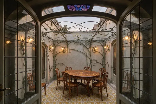 A small enclosed patio arranged as a dining area, with a round carved wooden table and six bentwood chairs centered on patterned tile flooring. Curving iron vines, glass-paneled doors, arched windows, warm wall sconces, and a small stained-glass panel create an ornate Art Nouveau atmosphere.