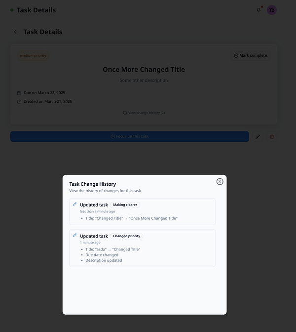 The image displays a task management interface showing the change history of a specific task.
